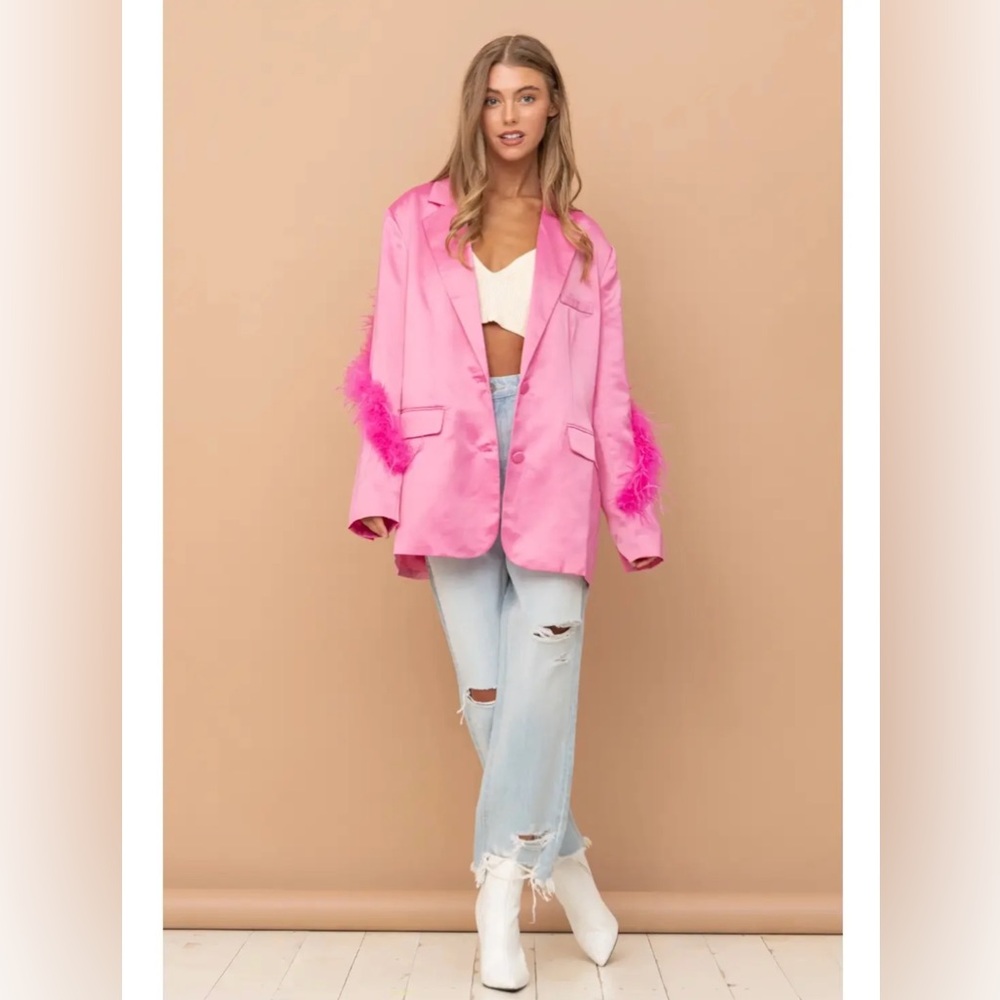 Pink Feather-Trim Blazer